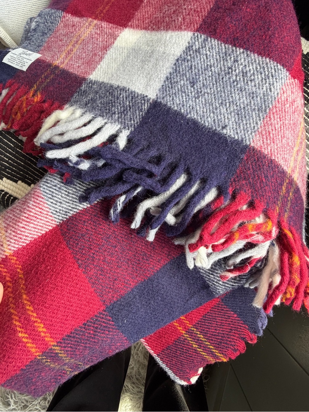 Cozy Plaid Fringe Throw Blanket in Red, Navy & Cream